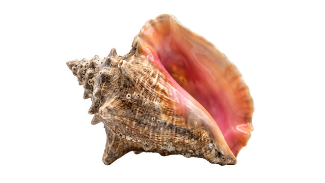Detailed conch shell with textured exterior and pink interior on transparent background