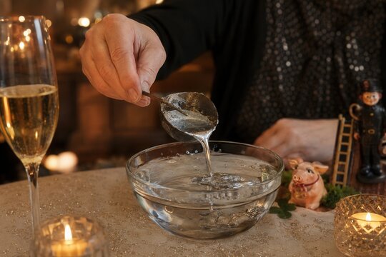Bleigie&szlig;en am Silvesterabend in &Ouml;sterreich &ndash; H&auml;nde gie&szlig;en geschmolzenes Metall in Wasser, umgeben von Sekt, Kerzen und Gl&uuml;cksbringern f&uuml;r das neue Jahr.