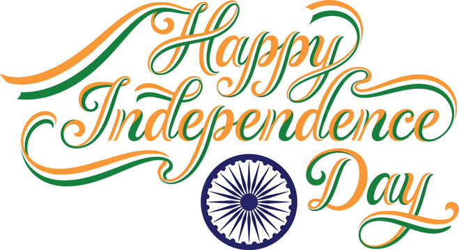 Happy independence day india typography with ashoka chakra tricolor ribbon frame 