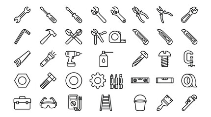 Obraz premium Minimalist construction hand tools icon set, 40 professional repair and hardware line icons, industrial maintenance and DIY equipment vector collection