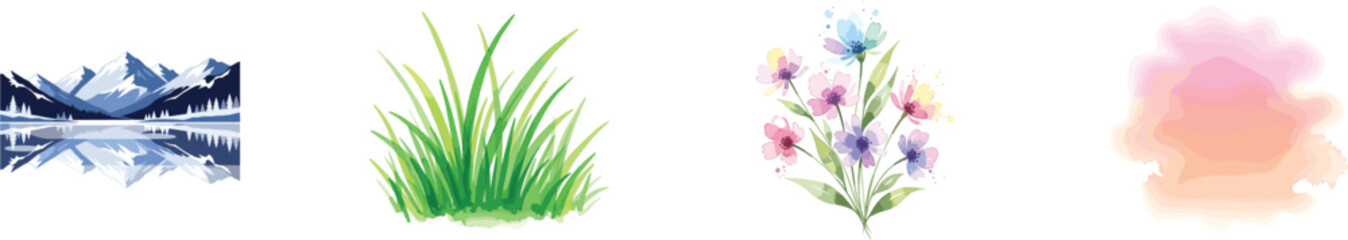 Fototapeta premium A set of four distinct watercolor illustrations including a mountain landscape, a clump of grass, a bouquet of wildflowers, and an abstract colorful shape