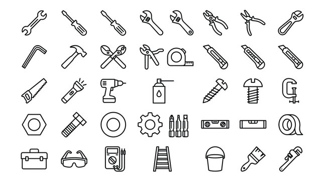 Minimalist construction hand tools icon set, 40 professional repair and hardware line icons, industrial maintenance and DIY equipment vector collection