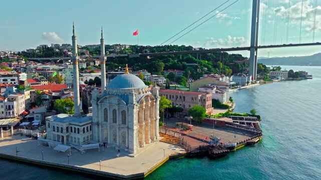 Aerial view of Buyuk Mecidiye Mosque and the Bosphorus waterfront. The mosque, nearby roads and the Bosphorus Bridge create a recognizable Istanbul cityscape.