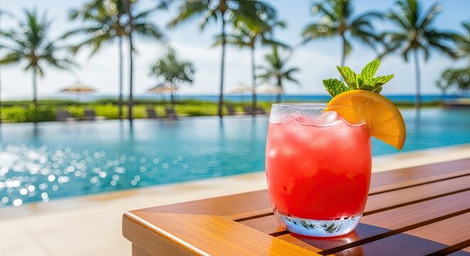 Refreshing red cocktail by luxury infinity pool with palm trees