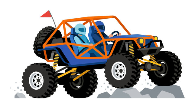 Off-road buggy climbing rocky terrain.