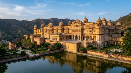 Naklejka premium Majestic Amber Fort with reflection in water, Jaipur, India