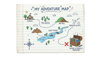 Naklejka premium Doodle Adventure Map: A hand-drawn doodle map on lined paper illustrates an exciting adventure with a school, woods, big hill, danger cliffs, a quiet river.