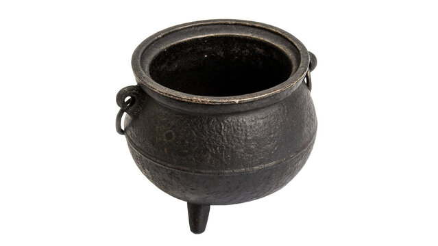 Black cast iron cooking pot cauldron kitchen cookware isolated on a transparent background