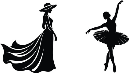 Black silhouettes of an elegant woman in gown and a dancing ballerina dancer © MDJAHID