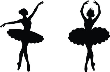 Black silhouettes of elegant ballerina dancers performing ballet in tutus isolated on whiteBlack silhouettes of elegant ballerina dancers performing ballet in tutus isolated on white © MDJAHID