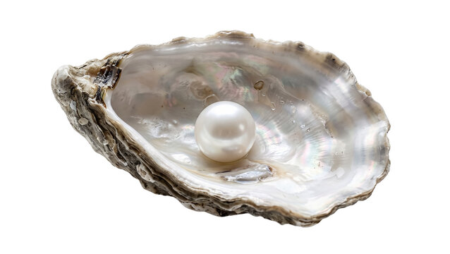 Open oyster shell with a single pearl on transparent background