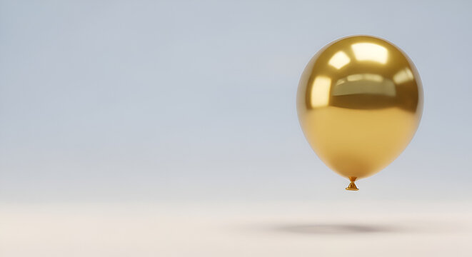Shiny golden balloon floating with soft grey background, celebration concept