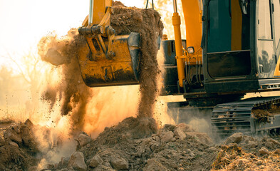 Close-up of excavator at construction site. Backhoe digging soil for earthwork and construction business. Excavating machine at work. Heavy machinery for earth moving and construction site development © Fahroni