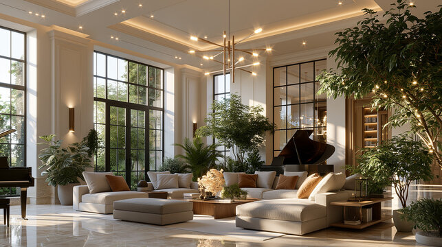 Luxury Living Room Oasis: An expansive, modern luxury living room, bathed in natural light, featuring a grand piano, plush sectional sofa, elegant furniture, and abundant indoor plants.
