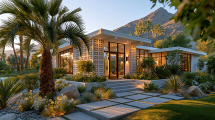 Fototapeta premium Desert Oasis Modern Home: A stunning mid-century modern residence nestled in a desert landscape, featuring a minimalist design with large windows and lush landscaping.