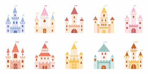 Colorful Castles Illustration With Pastel Tones And White Background © prince