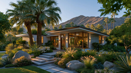 Fototapeta premium Desert Oasis Home: A stunning mid-century modern house nestled amongst lush desert landscaping, featuring palm trees and rocky mountains under a golden sunset sky.