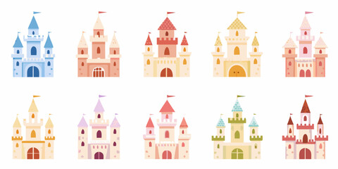 Colorful Castles Vector Illustration Arranged In Two Rows Against White Background © prince