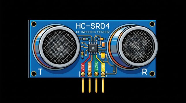 Professional hc sr04 ultrasonic sensor module illustration with pinout labels and wiring.