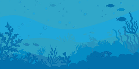 Blue toned underwater scene with coral and fish silhouettes © prince