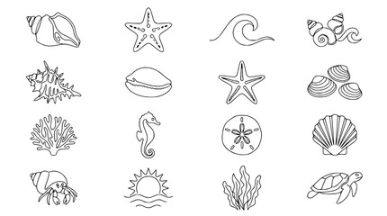 Nautical Line Art Icons: Seashells, Starfish, Seahorse, Turtle, Wave, Coral, Sun © Akun