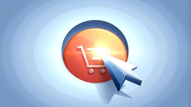 A glossy orange shopping cart button being clicked by a blue cursor arrow