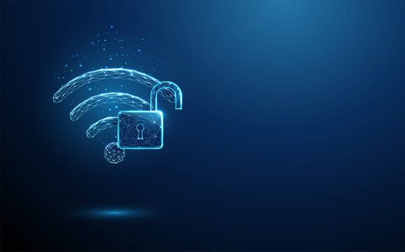 3D blue wifi and opened lock. Cybersecurity, wireless network, data privacy, secure connection, internet safety, signal access, cyber defense, encryption concept