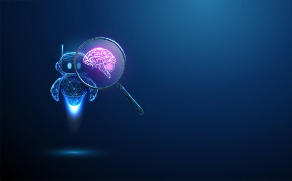 3D blue robot with magnifying glass and brain. Artificial intelligence, machine learning, data analysis, neural network, deep research, cognition, automation concept