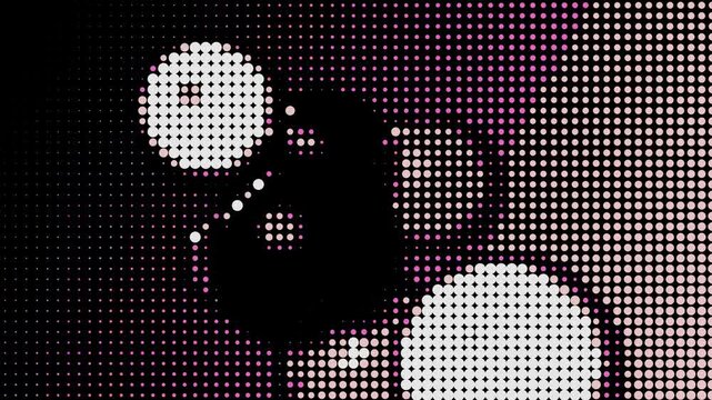 Modern halftone dot pattern featuring animated circular pixel grid with glowing pink, white, and black colors. Ideal for technology, digital display, motion graphics, and futuristic backgrounds.
