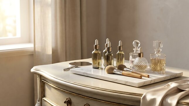 Cosmetic serum bottles and makeup brushes on a wooden table in a bright sunny room. premium beauty deals 