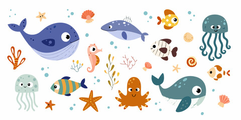 Cartoon Style Sea Creatures And Marine Life Illustration © prince