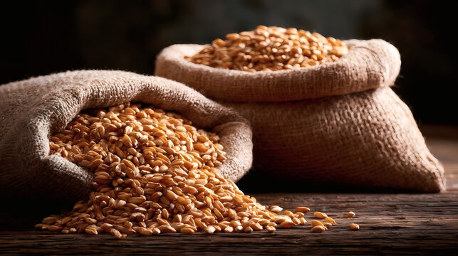 Sacks of wheat grains on rustic wooden table, close-up. Natural agricultural harvest, organic food, autumn farming concept with warm lighting.