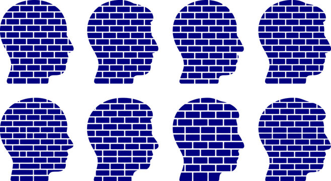 Human Head Profile Silhouettes with Brick Wall Pattern Vector for Mental Health Awareness, Psychological Barriers & Cognitive Therapy (EPS)