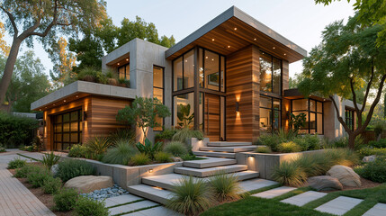 Fototapeta premium Modern Architectural Marvel: A stunning contemporary home with clean lines, natural wood accents, and expansive glass windows is beautifully illuminated at dusk.