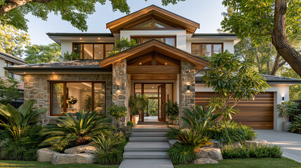 Fototapeta premium Modern Luxury Residence: An opulent modern home showcases a fusion of stone, wood, and glass, with lush landscaping and warm exterior lighting creating an inviting ambiance.