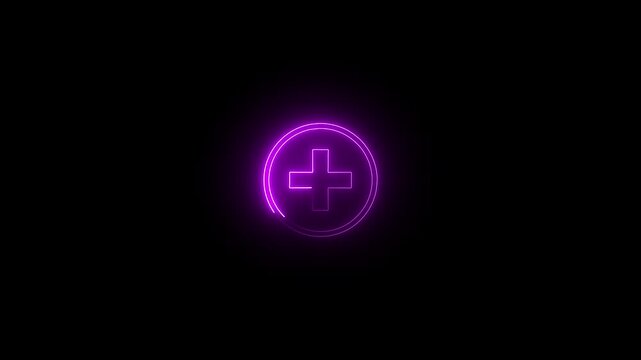 Neon purple glowing plus sign animation on black background, for medical and, ui healthcare