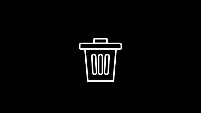 Trash can animation with deleting files effect on black background, recycle bin delete, remove