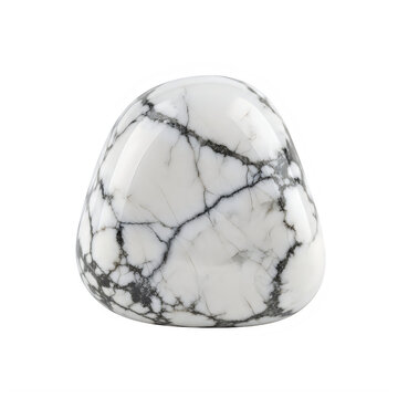 Polished white howlite gemstone mineral specimen on transparent background with front facing perspective