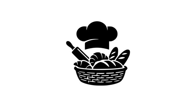 Bakery logo icon with chef hat basket of fresh bread and rolling pin