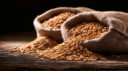 Obraz premium Sacks of wheat grains spilling onto a rustic wooden table, symbolizing harvest, agriculture, and organic farming. Warm, natural lighting creates a cozy, rural atmosphere.