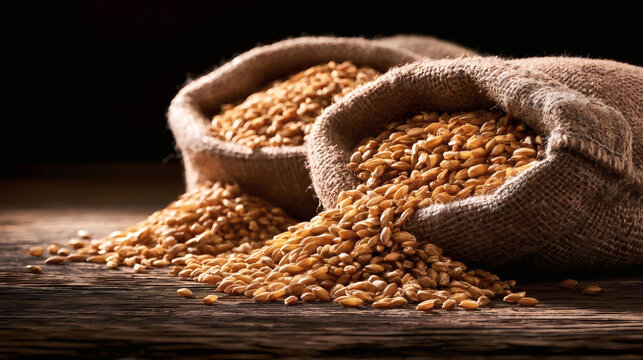Sacks of wheat grains spilling onto a rustic wooden table, symbolizing harvest, agriculture, and organic farming. Warm, natural lighting creates a cozy, rural atmosphere.