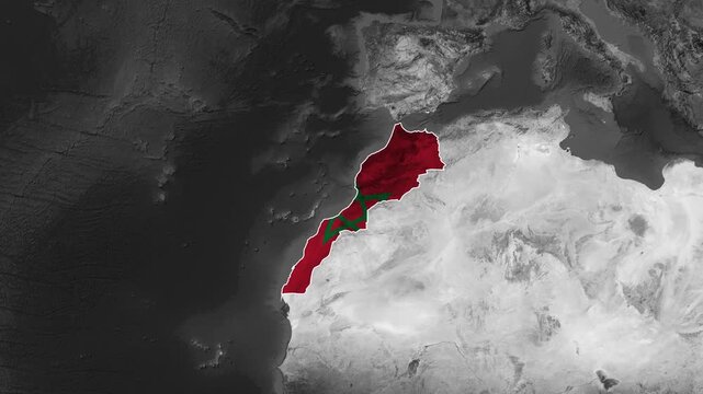 Morocco map highlighted in red with flag animation video footage