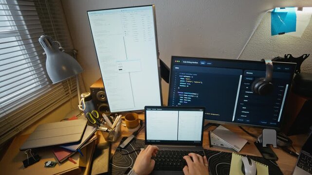 High angle of young programmer typing code on laptop at messy desk with multiple monitors. Clip is perfect for software development, IT education, and remote work marketing campaigns