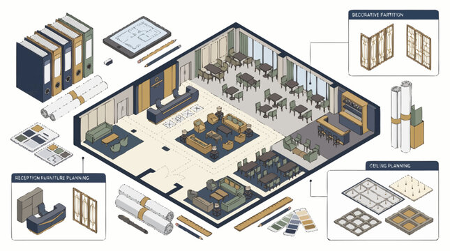 Detailed office furniture and equipment layout.