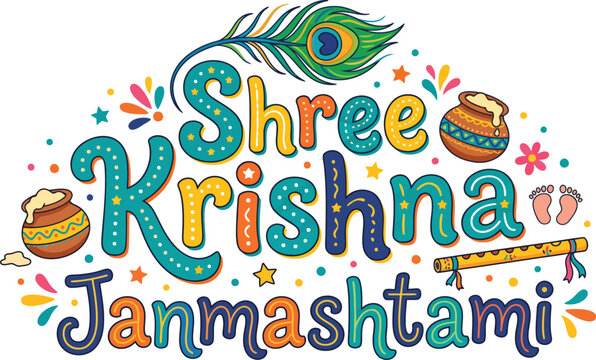 Colorful shree krishna janmashtami celebration text design