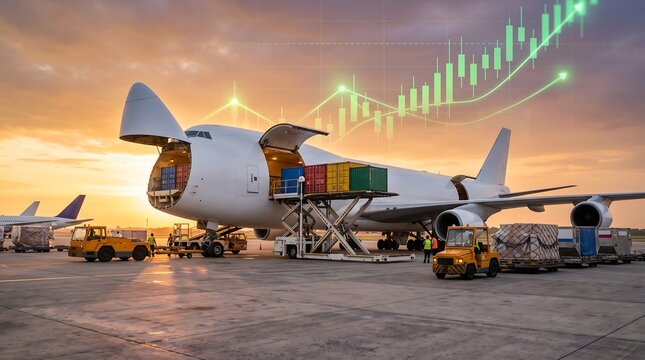 Cargo plane loading containers at airport sunset with economic growth graph