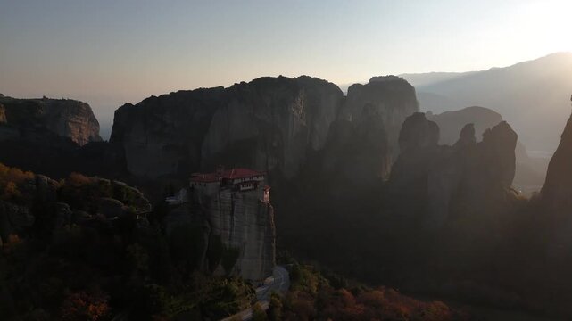 Majestic Drone Landscape of Meteora with Orthodox Monasteries and Rocky Peaks