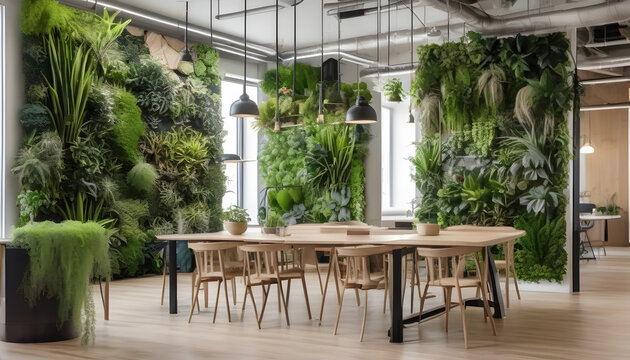 Modern meeting room with a large vertical green wall and biophilic design (Generative AI)