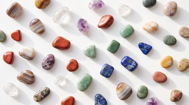 Collection of colorful polished semi precious gemstones and various natural mineral stones scattered on a clean white background for healing and meditation.