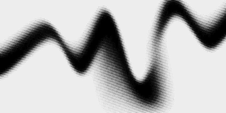 Monochrome halftone wave, dotted abstract dynamic wave, ribbon pattern. Curved line with halftone effect, dotted flud design. Minimalist vector background. Overlay backdrop template. Vector art